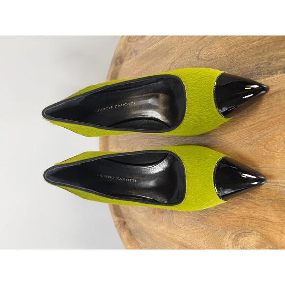 NWB Giuseppe Zanotti Lime Green Suede Black Patent Cap Toe Pointed Pumps Size 5 - Picture 2 of 14